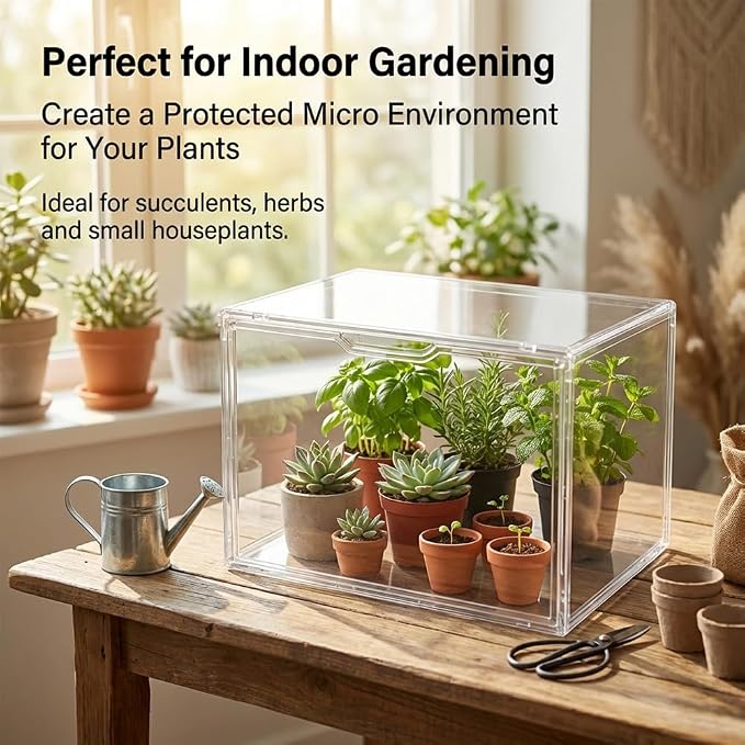 Mini Greenhouse for Indoor, Stackable Acrylic Plant Nursery with Magnetic Easy-Access Door, Tabletop Small Green House for Seedling Germination, Succulents & Cactus, 14.1x8.6x10.6 Inch