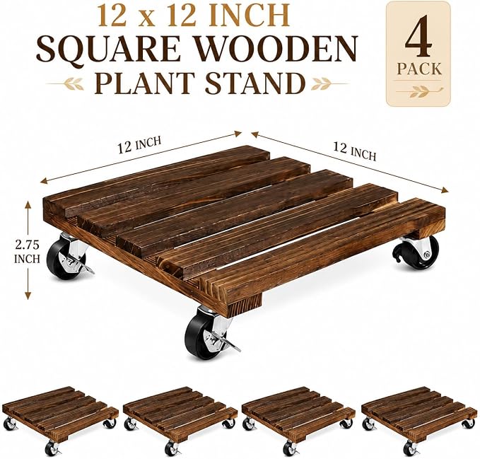4 Pack Wooden Plant Stand With Wheels, 12" Rolling Planter Base Plant Stand, With Metal Lockable Caster Wheels, For Indoor Outdoor Plant Pots