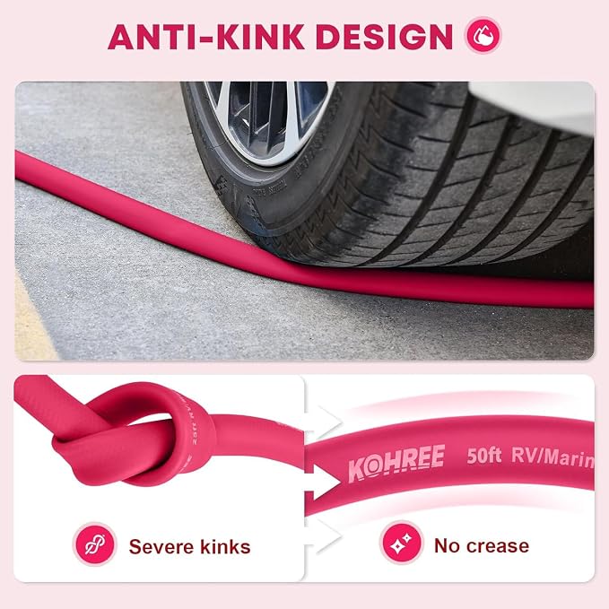 Kohree 50 FT RV Water Hose with Storage Bag, 5/8'' Premium Drinking Water Hose, Leak-free, No Odor, Anti-Kink and Flexible Garden Hose for RV, Camper, Truck, Car - Pink