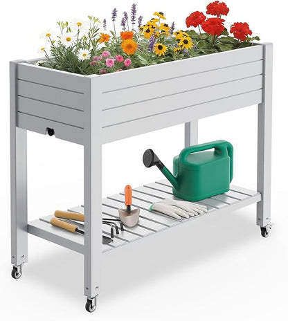 PatioZen Raised Garden Bed, 33.66" Tall Self-Watering Resin Planter Box with Legs & Lockable Wheels Drainage Plug and Gauge for Flowers, Vegetables, Storage Shelf for Tools and Accessories Ashen