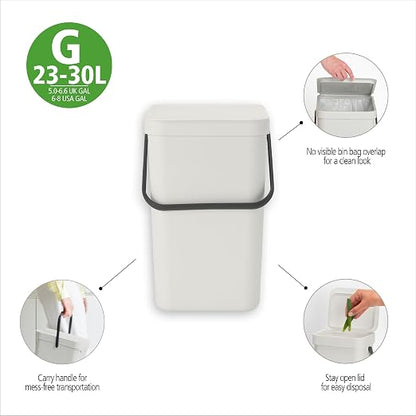 Brabantia Sort & Go Kitchen Recycling Bin | M / 6.6 Gal / 25L | Jade Green | Removable Stay-Open Lid, Carry Handle | Trash Can for Bottles, Cans, Paper, Glass | Wall-Mounting Bracket Sold Separately