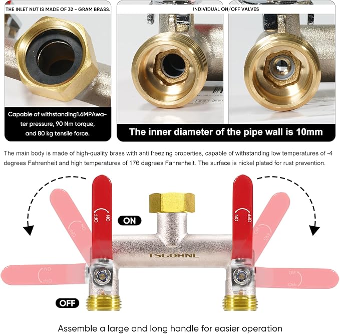 Hose Splitter 2 Way Heavy Duty Brass Garden Hose Splitter 3/4-in GHT | Outdoor Faucet Splitter With 2.1" Extra Long Handle, Lead-free, 2.7" Wide Spacing Fits Large Irrigation Timers, Garden, Lawn