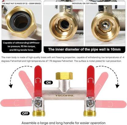 Hose Splitter 2 Way Heavy Duty Brass Garden Hose Splitter 3/4-in GHT | Outdoor Faucet Splitter With 2.1" Extra Long Handle, Lead-free, 2.7" Wide Spacing Fits Large Irrigation Timers, Garden, Lawn