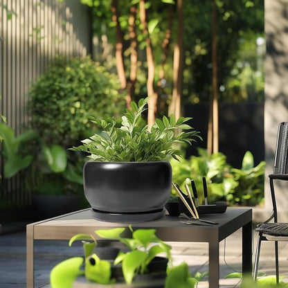 SQOWL Ceramic Flower Pot - 10 Inch Planter with Drainage Hole and Saucer, Modern Large Plant Pot Indoor Outdoor, Decorative Round Planter, Bedroom Decor, Gifts for Plant Lovers, Black