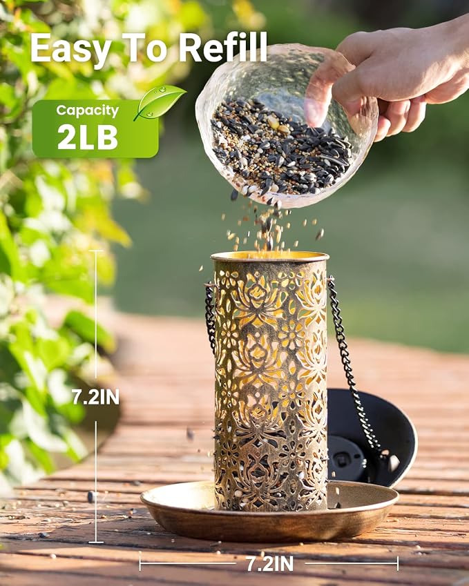 SWEETFULL Solar Bird Feeder for Outdoors Hanging, Metal Wild Bird Feeder for Cardinals Solar Garden Lantern with S Hook as Gift for Bird Lovers (2LBs Heavy Duty birdfeeders)