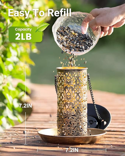 SWEETFULL Solar Bird Feeder for Outdoors Hanging, Metal Wild Bird Feeder for Cardinals Solar Garden Lantern with S Hook as Gift for Bird Lovers (2LBs Heavy Duty birdfeeders)