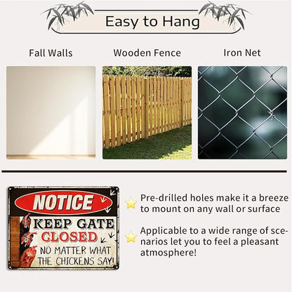 Vintage Metal Signs Chicken Coop Signs, Funny Chicken Gifts, Farm Tin Signs for Home Chicken Coop Farmhouse Kitchen Garden Decor, Keep Gate Closed 8 X 12 Inch