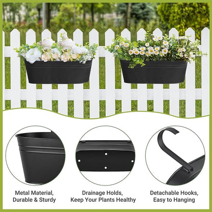 Dahey 4 Pcs Metal Hanging Flower Pots for Railing Fence Outdoor Planter 15.7 Inch Hanging Bucket Pots Countryside Window Flower Plant Holder with Detachable Hooks for Garden Yard Home Decor,Black