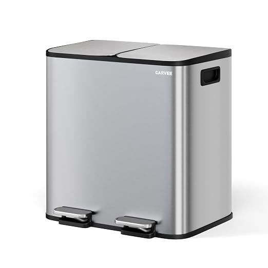 GarveeHome 2 x 4 gal Stainless Steel Double Trash Can with Lid for Kitchen, Large Dual Trash and Recycle Bin Combo, Step-on Kitchen Metal Garbage Cans, PP Inner Buckets, Liner Rim, Silver