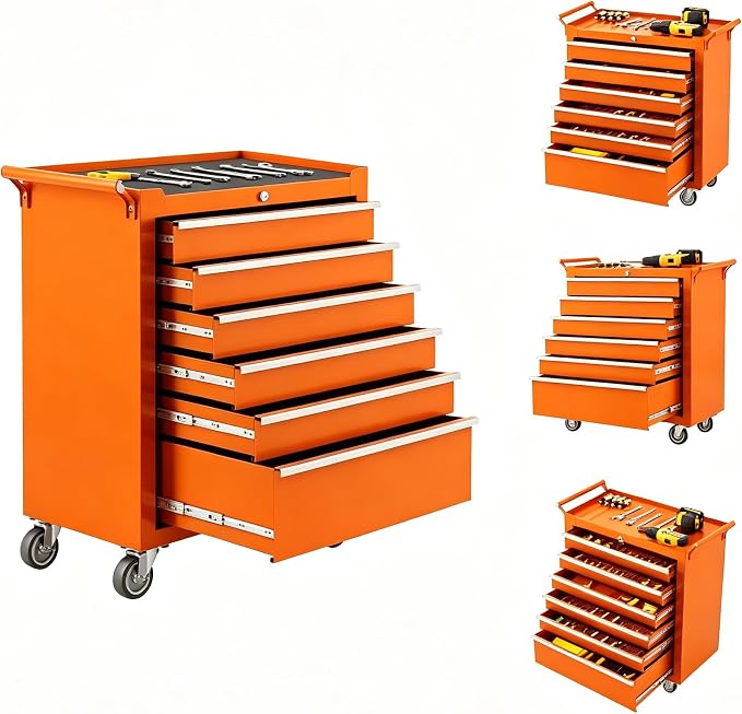 IDEALHOUSE Rolling Tool Chest, 6 Drawers Tool Storage Cabinet, Toolbox with Wheels, Portable Tool Cabinet Organizer with Locking System & Drawer Liners, Tool Storage Cart for Garage, Workshop, Orange