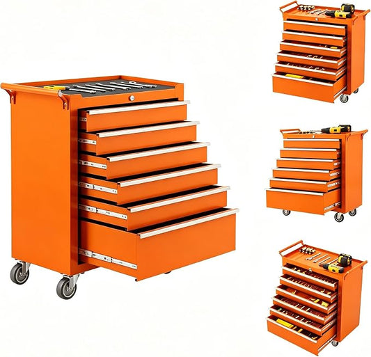 IDEALHOUSE Rolling Tool Chest, 6 Drawers Tool Storage Cabinet, Toolbox with Wheels, Portable Tool Cabinet Organizer with Locking System & Drawer Liners, Tool Storage Cart for Garage, Workshop, Orange