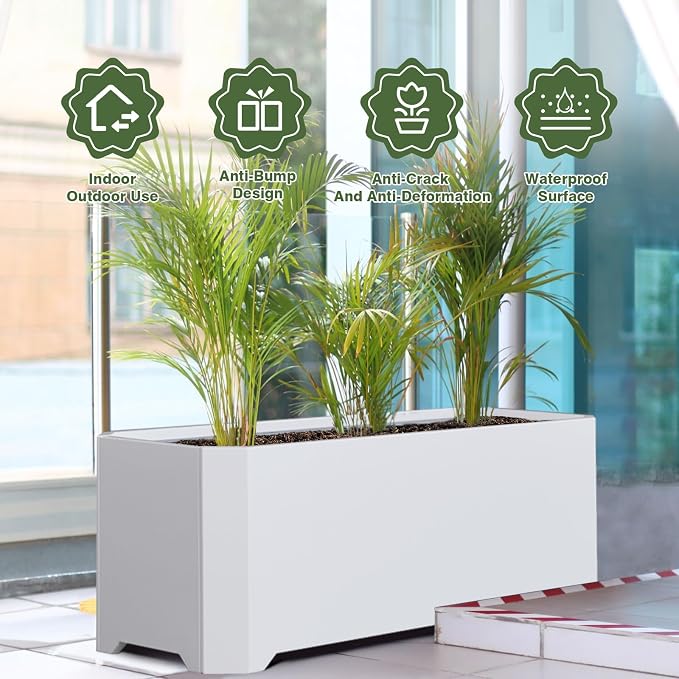 Steel Planter Box-36"x15"x15"-Large Rectangular Planters for Outdoor Plants, White Matel Planter Box Raised Support Feet for Patio, Deck, Garden, Yard, Drain Holes, Easy Assembly