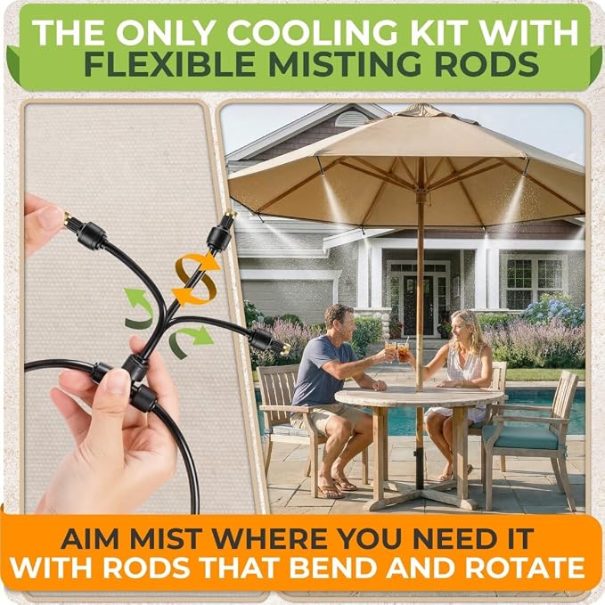 Misting System for Patio, 33 FT Outdoor Misters for Outside Patio Cooling, Fine Mist Mister Kit with Flexible Rod Nozzles, Garden Faucet Setup for Pergola, Garden, Greenhouse, Backyard, Black