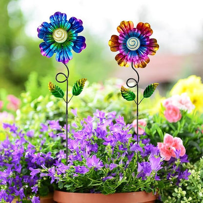 Metal Flowers for Outside, 2 Pack 25'' Flower Decorative Garden Stakes for Spring Yard Decor, Flower Metal Yard Art for Porch Fence Patio Garden Decor (Yellow & Purple)