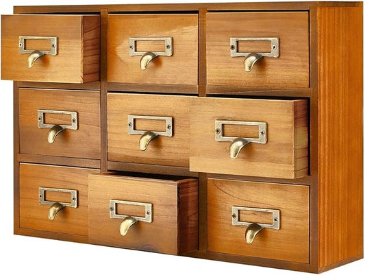 Flexzion Apothecary Cabinet with Drawers - 9 Vintage Drawers, Card Catalog Cabinet, Brown Wooden Tabletop Desktop Organizer for Home Office, Jewelry, Makeup, Tools & Small Item Storage