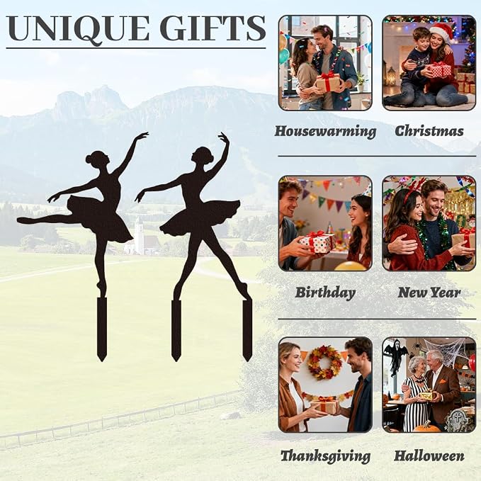 WADORN 2Pcs Ballet Girl Metal Decorative Garden Stakes, Black Ballet Dancer Silhouette Outdoor Statues Rustic Garden Ornament Gifts Yard Art Decoration Stake for Outdoor Backyard Patio Lawn Walkway
