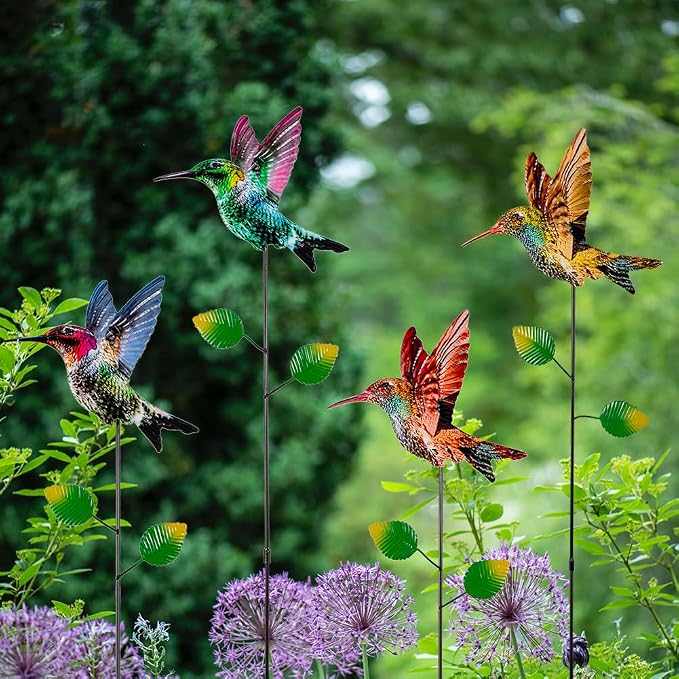 4 Pack Hummingbird Decorative Garden Stakes,Waterproof Garden Decor for Outside,Metal Yard Art Spring Decor for Outdoor Porch Lawn Pathway