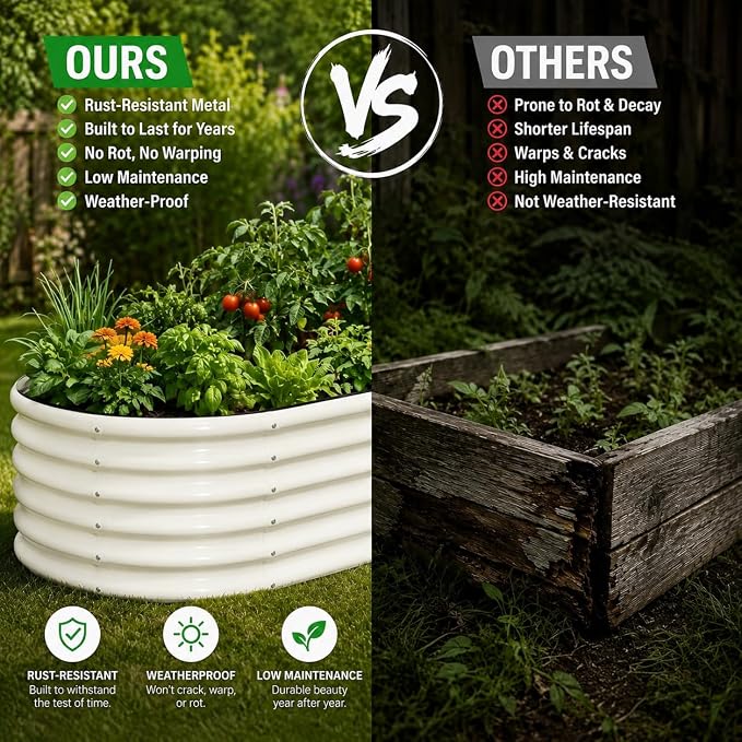 SnugNiture 3 Pcs 4x2x1.5ft Raised Garden Bed Outdoor, 17" Tall Galvanized Metal Planter Box, Oval Raised Garden Bed Kit for Planting Vegetables Plants Fruits, Beige White