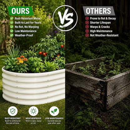 SnugNiture 3 Pcs 4x2x1.5ft Raised Garden Bed Outdoor, 17" Tall Galvanized Metal Planter Box, Oval Raised Garden Bed Kit for Planting Vegetables Plants Fruits, Beige White