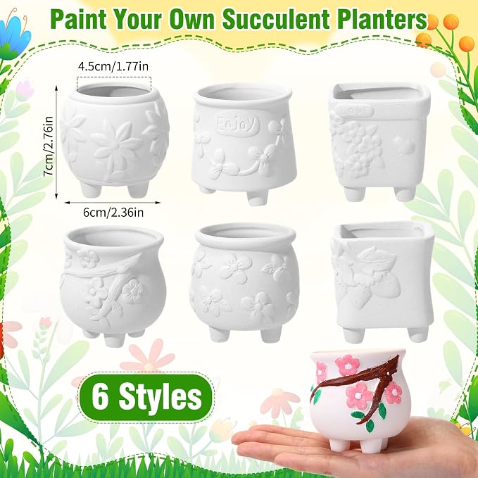 Leitee 24 Pcs Paint Your Own Ceramic Pot Bulk 2.76 in, Ready to Paint Small Pot Mini Succulent Planters Pottery Painting for Summer Classroom Craft Gift DIY Art Activity (Lovely Flowers)
