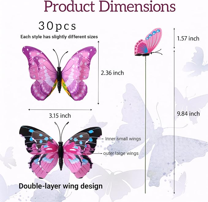 30PCS Pink Butterfly Decor Fake Butterfly Garden Picks for Outdoor Decor | 3D Double Layer Waterproof Butterfly Decorative Garden Stakes for Flower Arrangements Outdoor Indoor Spring Garden Decor