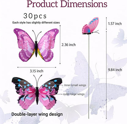 30PCS Pink Butterfly Decor Fake Butterfly Garden Picks for Outdoor Decor | 3D Double Layer Waterproof Butterfly Decorative Garden Stakes for Flower Arrangements Outdoor Indoor Spring Garden Decor