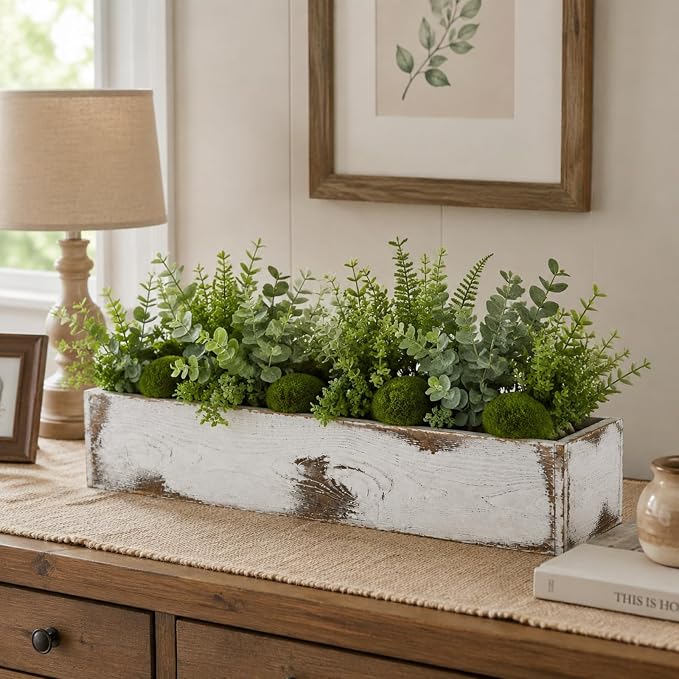 Dandat 1 Set Wood Boxes for Centerpieces 28x5 Inch Rectangle Wooden Planter Box Rustic Wooden Planters with Removable Plastic Liner Floral Foam Blocks for Christmas Wedding Home Garden Decor(White)