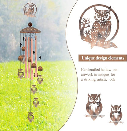 36 Inch Owl Wind Chimes for Outside - Rustic Copper Metal Silhouette Decor with 6 Handcrafted Pendants - Wisdom & Guardian Memorial Windchime - Unique Gift for Owl Lovers, Garden & Patio