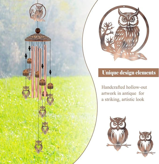 36 Inch Owl Wind Chimes for Outside - Rustic Copper Metal Silhouette Decor with 6 Handcrafted Pendants - Wisdom & Guardian Memorial Windchime - Unique Gift for Owl Lovers, Garden & Patio