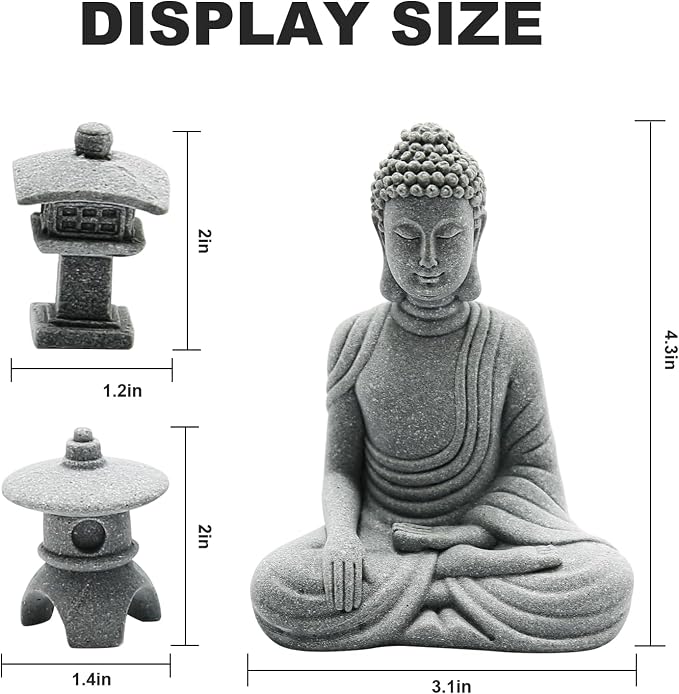 Hoypeyfiy Mini Buddha Statue Set with Stone Lantern, Zen Garden Accessories Sitting Buddha Figurine for Home Decor, Patio Yard Garden, Terrarium, Micro Landscape Decoration