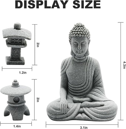 Hoypeyfiy Mini Buddha Statue Set with Stone Lantern, Zen Garden Accessories Sitting Buddha Figurine for Home Decor, Patio Yard Garden, Terrarium, Micro Landscape Decoration