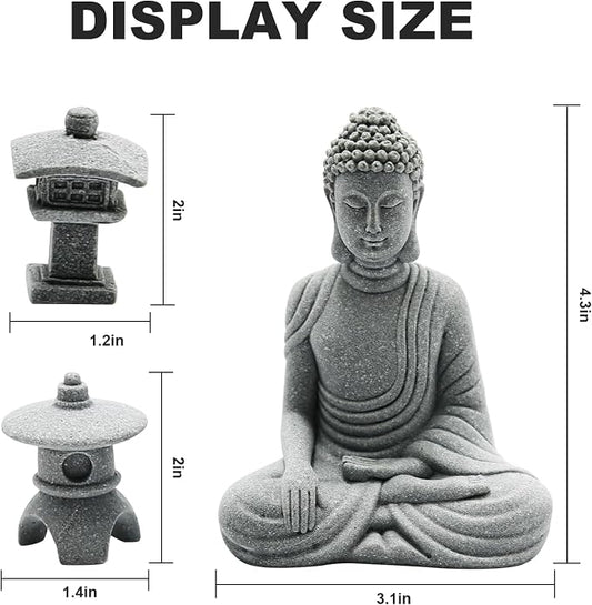 Hoypeyfiy Mini Buddha Statue Set with Stone Lantern, Zen Garden Accessories Sitting Buddha Figurine for Home Decor, Patio Yard Garden, Terrarium, Micro Landscape Decoration