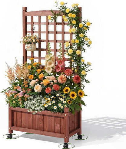 VINGLI Wooden Planter with Trellis, 50" Height Elevated Garden Beds Outdoor with Wheels, FreeStanding Planter Box with Drainage Holes for Flower, Vegetable, Fruit, Herb in Garden, Patio, Balcony (1)