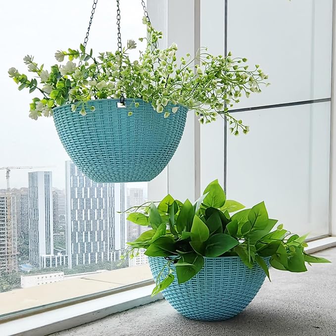 RooTrimmer Hanging Planters for Outdoor Plants 8/10 Inch, 4 Packs Hanging Flower Pot Indoor with Drainage Holes, Self-Watering Hanging Basket Perfect for Home, Office and Garden (Sky Blue)