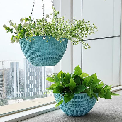 RooTrimmer Hanging Planters for Outdoor Plants 8/10 Inch, 4 Packs Hanging Flower Pot Indoor with Drainage Holes, Self-Watering Hanging Basket Perfect for Home, Office and Garden (Sky Blue)