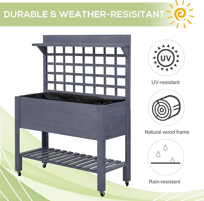 Outsunny 41" Raised Garden Bed with Trellis on Wheels, Wooden Elevated Planter Box with Legs and Bed Liner, for Flowers, Herbs & Vegetables, Gray