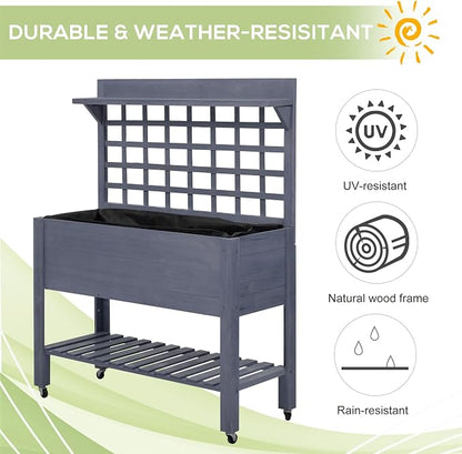 Outsunny 41" Raised Garden Bed with Trellis on Wheels, Wooden Elevated Planter Box with Legs and Bed Liner, for Flowers, Herbs & Vegetables, Gray