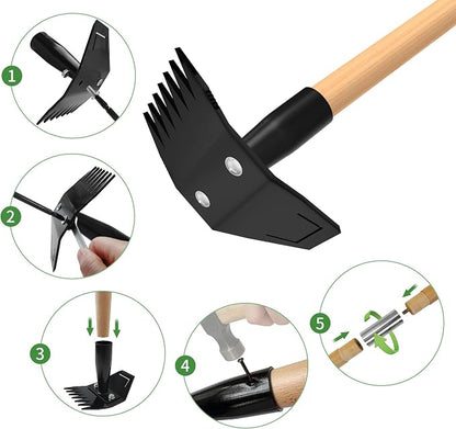 Garden Hoe with Long Bamboo Handle, 2 in 1 Weed Puller Tool&Manual Weed Remover, Weed Rake&Grabber, Gardenia Heavy Duty Uprooting Tool for Yard, Lawn and Garden, 49Inch ﻿