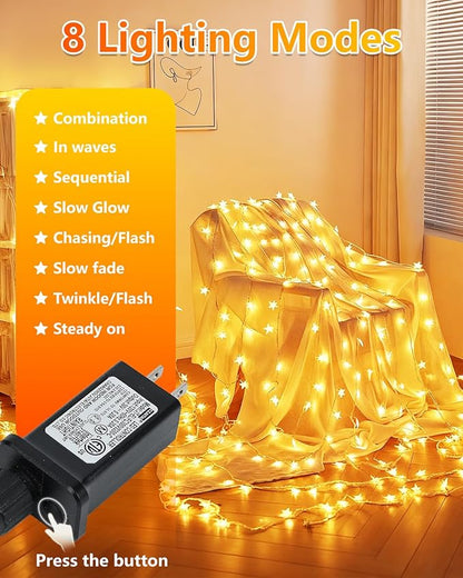 Twinkle Star 100 LED Star String Lights Plug in 33FT, Warm White | Plug In, Waterproof, Indoor Outdoor Use, Bedroom Wedding Party Ramadan Christmas Decor