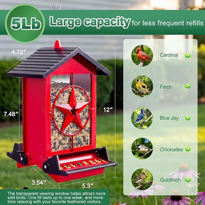 Squirrel Proof Bird Feeders for Outdoors with Weight-Activated, Metal 5LB Large Wild Bird Feeders for Cardinals,Blue Jay,Finch, Weatherproof Durable Hanging Bird Feeder for Backyard,Garden (Red)