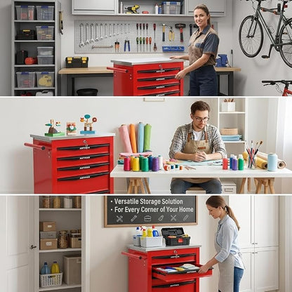 5-Drawer Rolling Tool Chest, Lockable Stainless Worktop for Garage, Red | Heavy Duty Metal Tool Cabinet with Drawers on Wheels for Warehouse and Workshop Storage