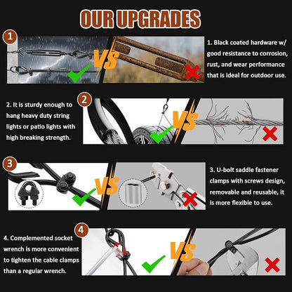 String Light Hanging Kit Outdoor, All-Black String Light Wire Hanging Kit Includ 100FT PVC Coated Steel Cable with Enough Accessories, Guide Wire for Outdoor String Lights, Patio Lights