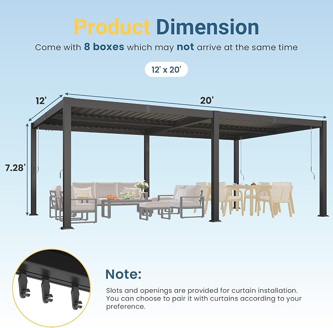 12' x 20' Louvered Pergola, Aluminum Frame Outdoor Pergola with Adjustable Louvered Roof & Integrated Gutter System, Outdoor Hardtop Patio Gazebo for Patio, Backyard, Deck, Garden, Dark Gray