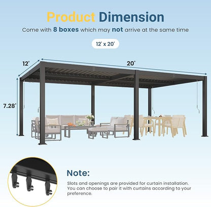 12' x 20' Louvered Pergola, Aluminum Frame Outdoor Pergola with Adjustable Louvered Roof & Integrated Gutter System, Outdoor Hardtop Patio Gazebo for Patio, Backyard, Deck, Garden, Dark Gray
