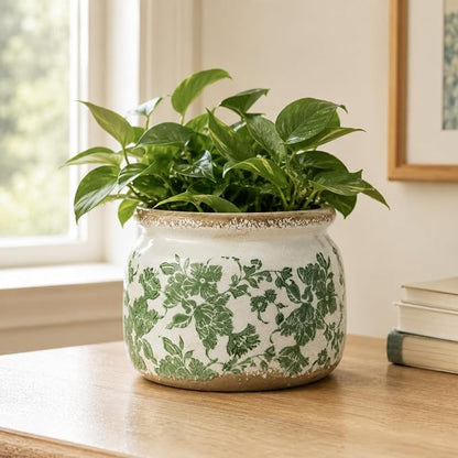 Dosayes Large Ceramic Pot for Planters, Ice Crack Glazed Flower Pot with Drainage Holes,5.91inch Vintage Planters for Indoor and Outdoor(Green)