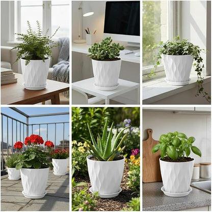 8 Inch Plant Pots Plastic Planters with Drainage Holes & Saucer, 6 Pack | White, 3D Water Ripple Texture, for Indoor Outdoor Plants, Decoration Flower Pots for Garden Home