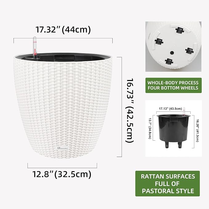 Dexceder 18x17 Self Watering Planter with Wheels (Ivory White Rattan) | Inner Pot Design, Thickened Table Flower Plant Pot with Water Level Indicator Indoor Outdoor