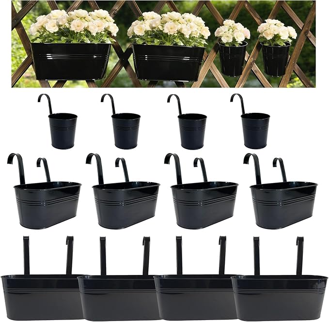 Set of 12 Balcony Hanging Planters, 4 Pcs 17" Metal Railing Flower Pots & 4 Pcs 12" Deck Planter & 4 Pcs 4" Fence Pot for Outdoor Patio Garden Décor, Black
