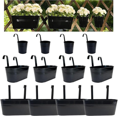 Set of 12 Balcony Hanging Planters, 4 Pcs 17" Metal Railing Flower Pots & 4 Pcs 12" Deck Planter & 4 Pcs 4" Fence Pot for Outdoor Patio Garden Décor, Black