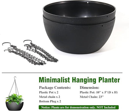 WSMKSZ 10 inch Hanging Planters for Outdoor Indoor Plants with Drainage Holes and Chain, 2 Pack Round Hanging Flower Pots for Garden Home Porch Decor, Black